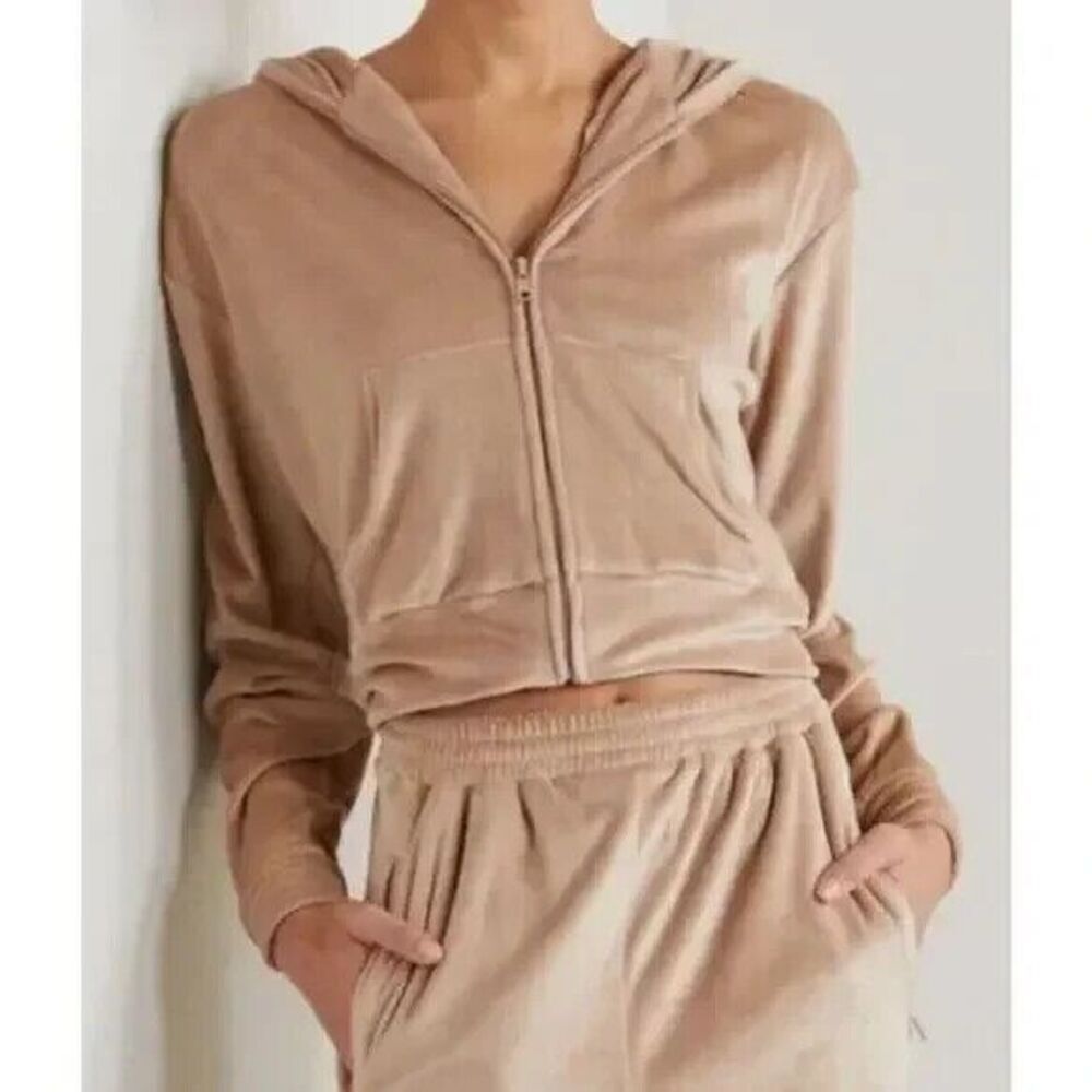 Skims Hoodie Womens Plus 4XL Tan Velour Velvet Stretch Full Zip Semi Cropped NEW